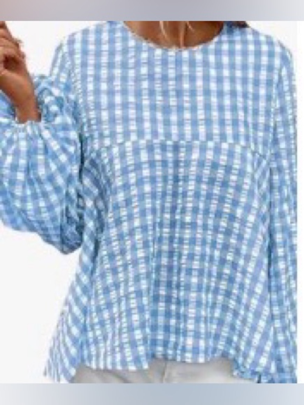 SHEIN Light Blue/White Gingham Balloon-Sleeve Flowing Top: Size M (6)